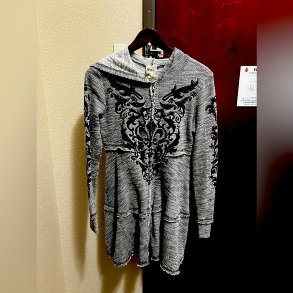 Vocal Womens Crystal Gray FLEUR DE LIS Hoodie Cardigan Jacket S Small